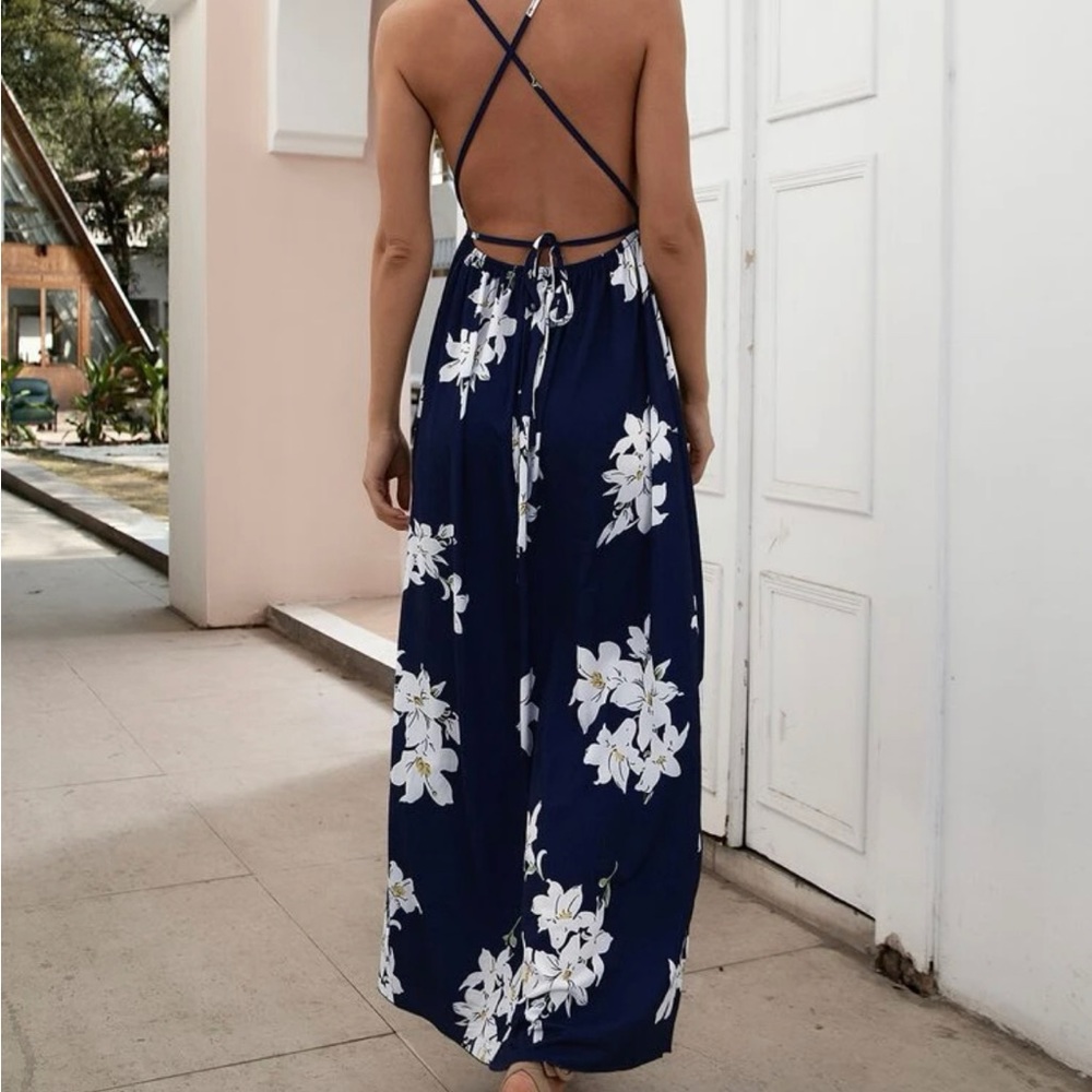 Floral split thigh criss cross backless cami dress